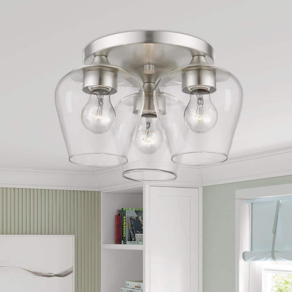 Elegant Brushed Nickel 3-Light Flush Mount with Clear Glass Shade