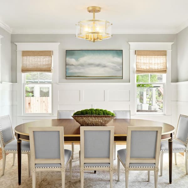 Wilhelm 12.6 in.4-Light Gold Modern Drum Candle Semi-Flush Mount with Glass Panels Shade and No Bulbs Included