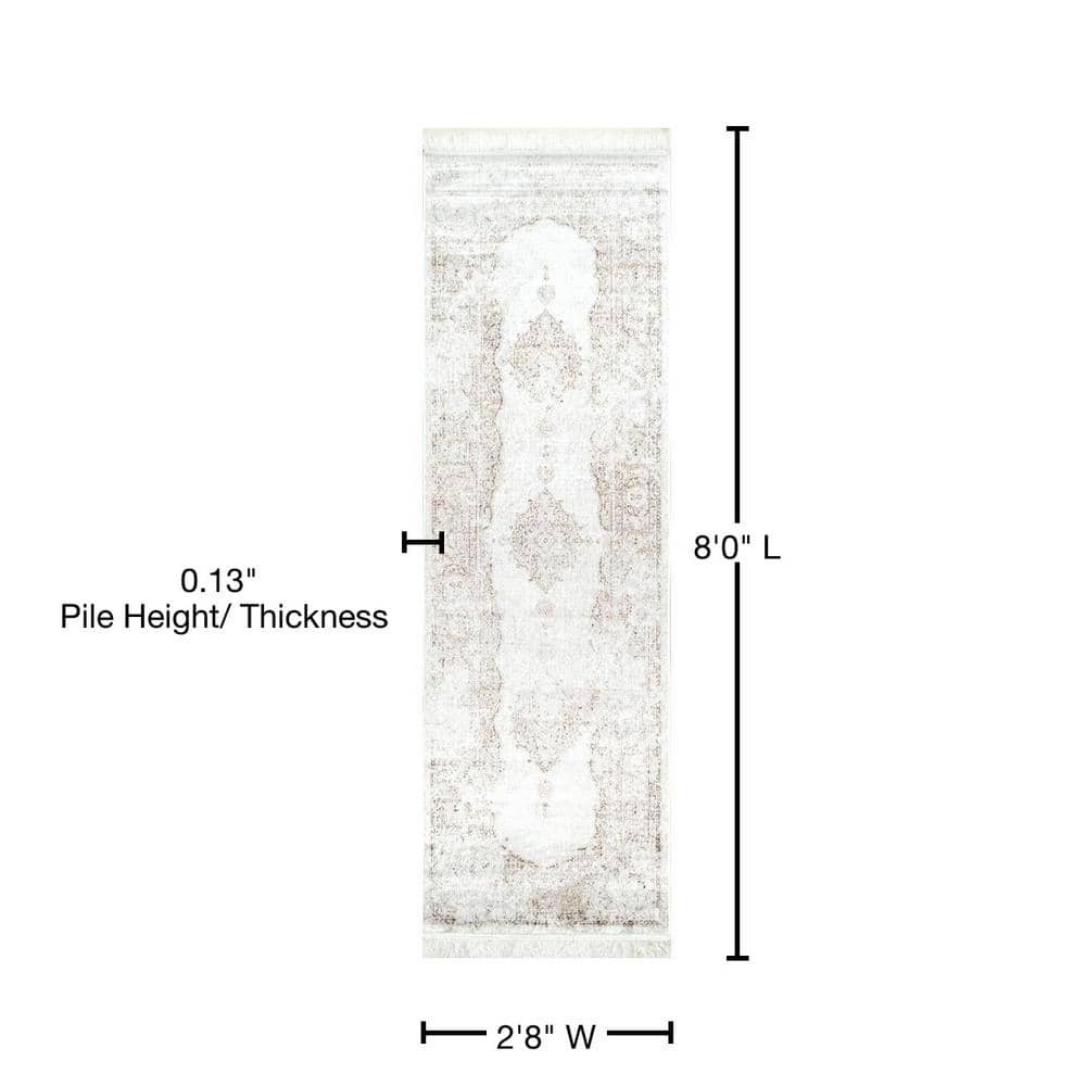 Ivory Medallion Viscose Runner Rug with Fringe, 2' 8" x 8'