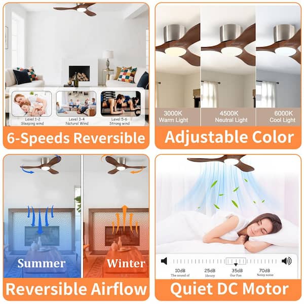 42 in. Flush Mount Ceiling Fan with Light, Remote Control, Reversible DC Motor, 3 Light Walnut Wood Blades