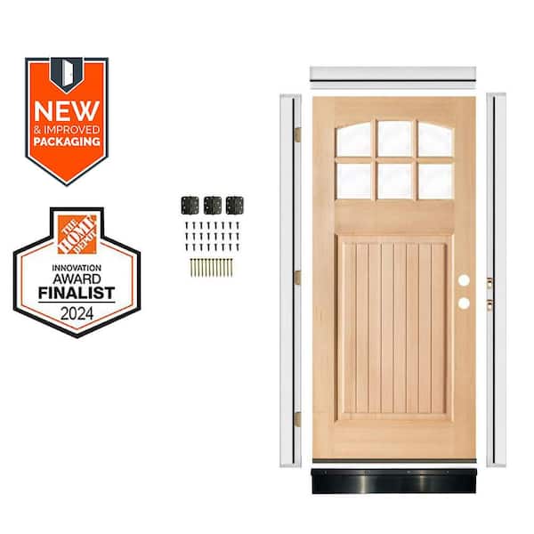 DIY 36 in. x 80 in. Left-Hand 6-Lite Arch Clear Glass Unfinished Hemlock Wood Front Door Kit w/Quick Assemble Jamb w/VG