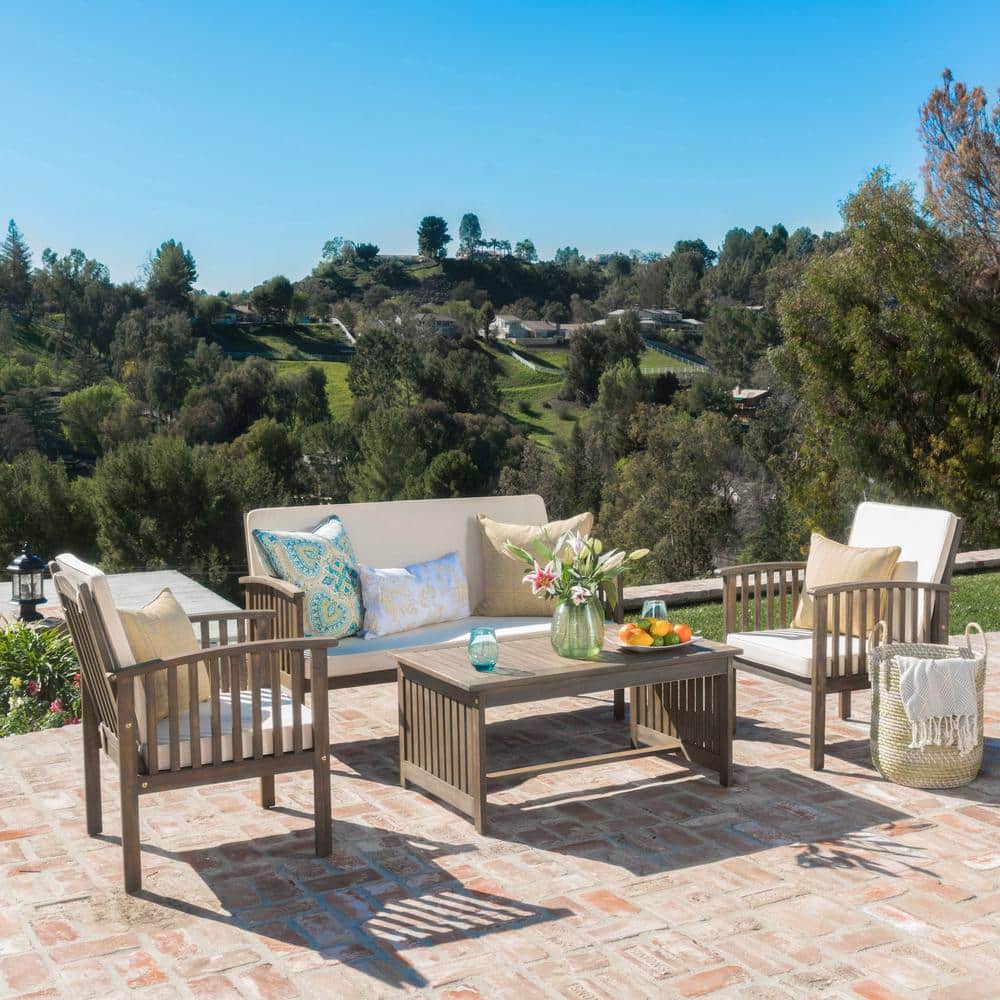 Gray 4-Piece Wood Patio Conversation Set with Cream Cushions price history on PriceWatchPro