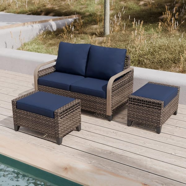 3-Piece Brown Wicker Outdoor Patio Conversation Set with Blue Cushions Loveseat and Ottomans
