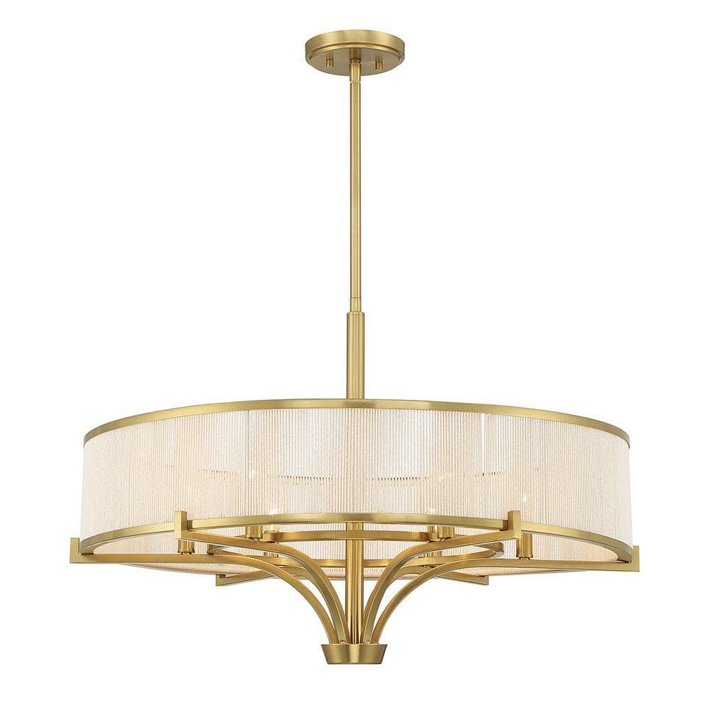 Warm Brass 6-Light Chandelier with White String Drum Shade