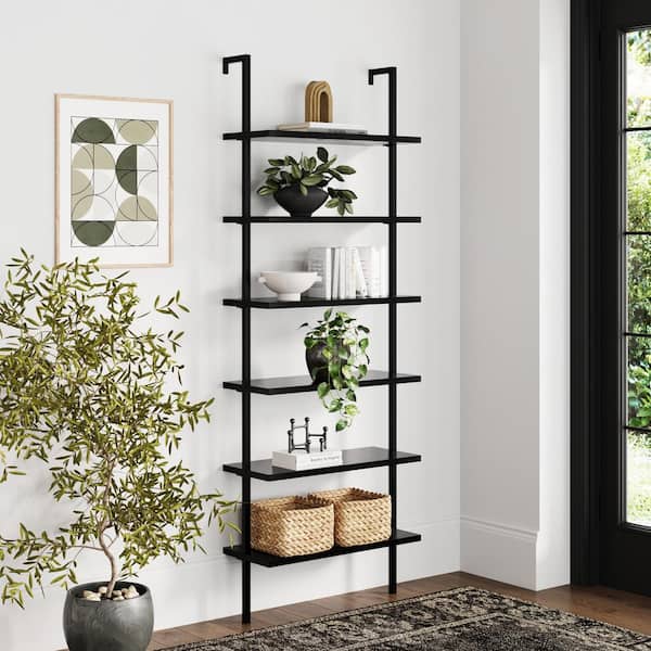 Nathan James Theo 6-Shelf Tall Bookcase, Wall Mount Bookshelf Wood Shelves and Metal Frame, Matte Black