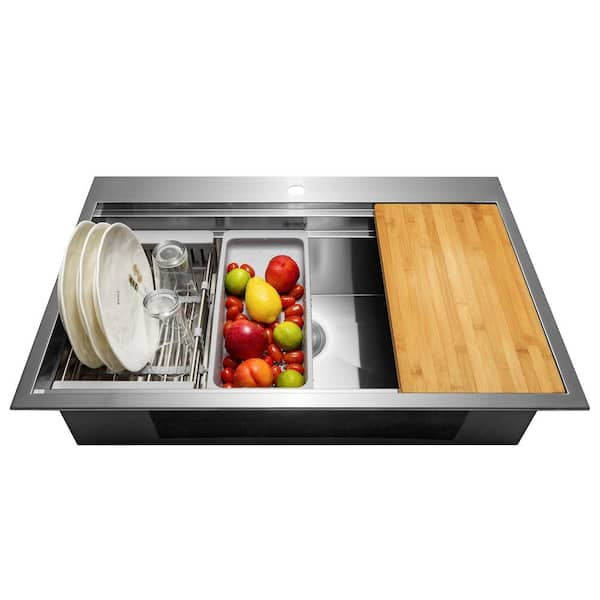 Handmade Drop-In 33 in. x 22 in. Single Bowl Stainless Steel Workstation Kitchen Sink with Accessories