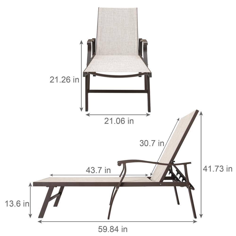 Beige Aluminum Outdoor Chaise Lounge with Armrests, Set of 2