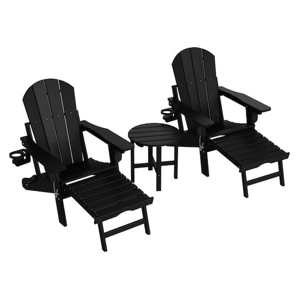 Laguna Outdoor Weather Proof 3-Piece Folding Adjustable Adirondack Chair w/ Pull Out Ottoman & Table Set, Black