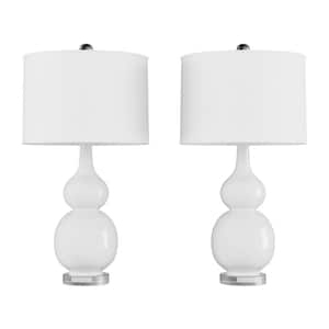 26.25 in. Double Gourd Ceramic Milky White LED Table Lamps with Ivory Shades (Set of 2)