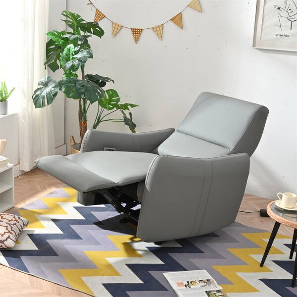 Wood Outdoor Power Recliner Chair with Gray Cushions-Wall