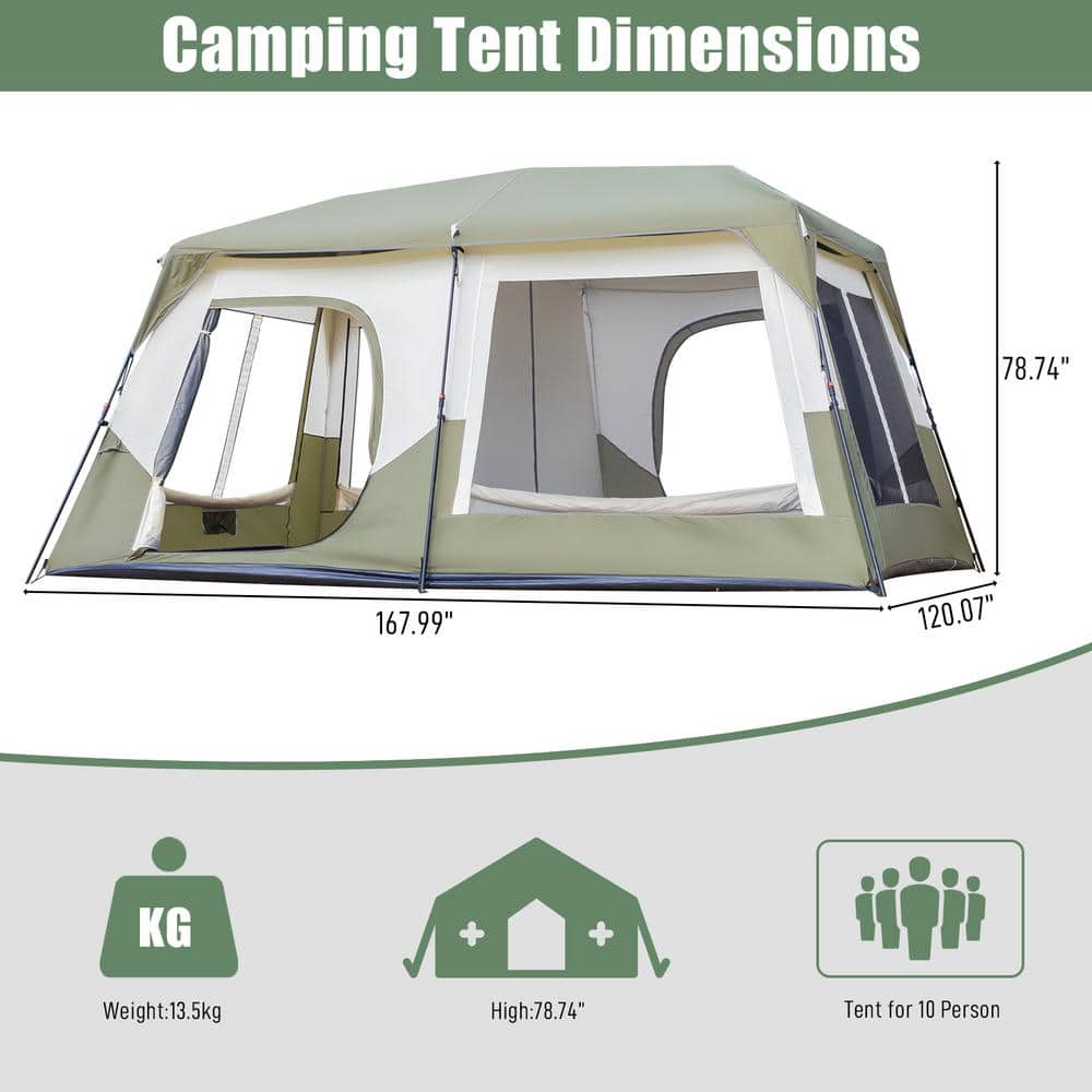 10-Person White and Green Camping Tent with Carry Bag