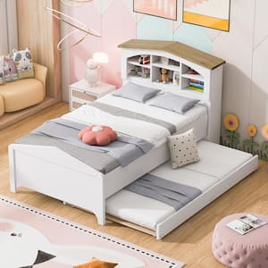 White Wood Frame Twin Size House Platform Bed with Storage Headboard, Multiple Shelves, Twin Size Trundle