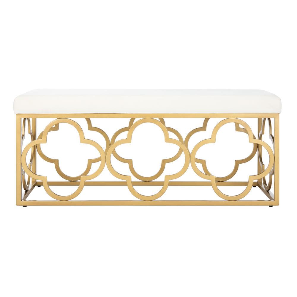 Elegant Gold and White Quatrefoil Storage Bench