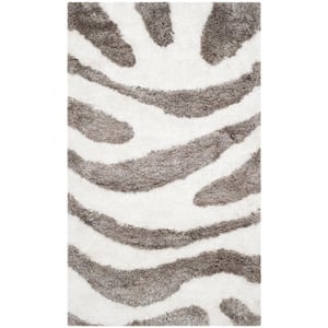 Barcelona Shag Ivory/Silver Doormat 3 ft. x 5 ft. Animal Print Area Rug