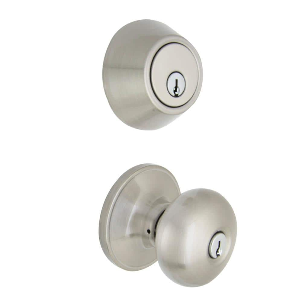 Defiant Simple Series Round Satin Nickel Keyed Entry Door Knob And Single Cylinder Deadbolt 9243