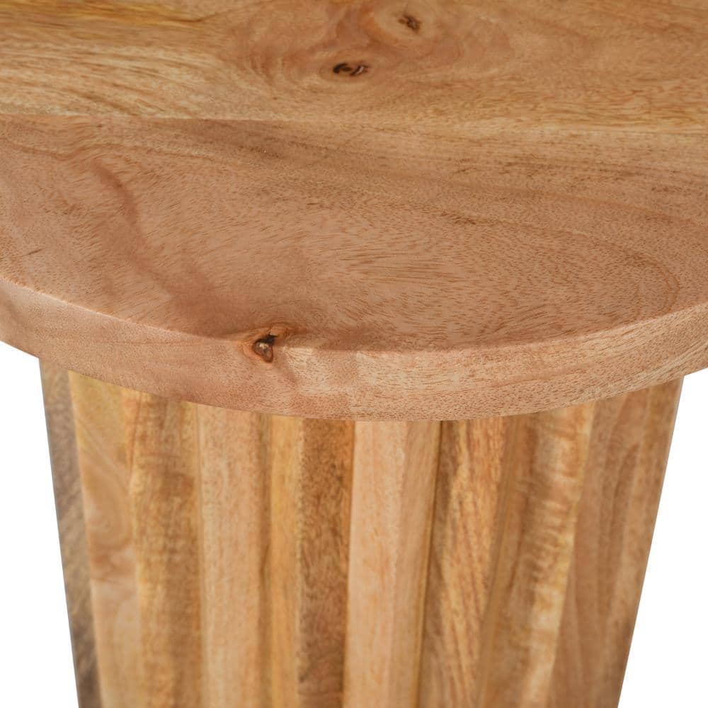 Natural Brown Mango Wood Round End Table with Reeded Base