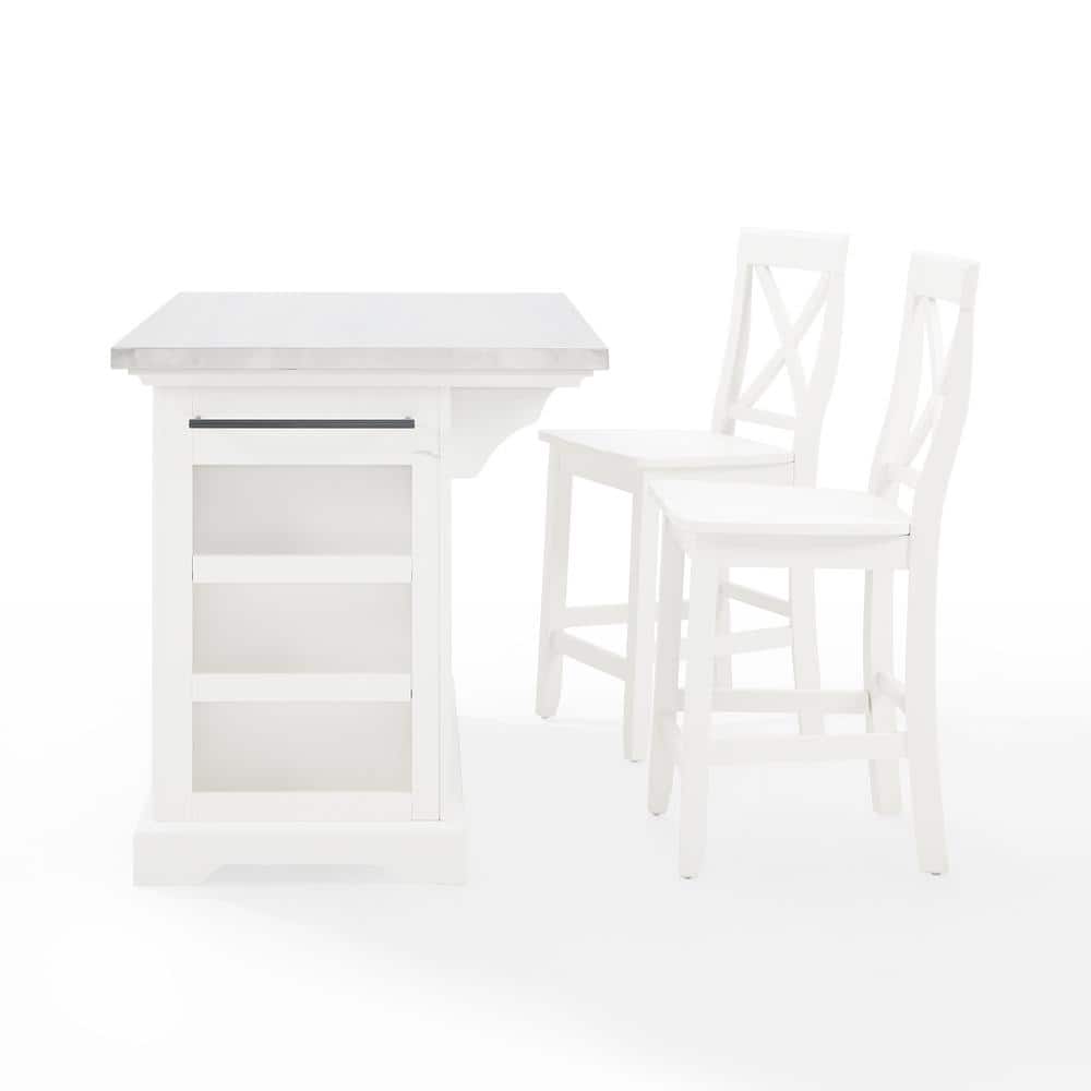 Julia 50'' White and Stainless Steel Kitchen Island Set with Stools