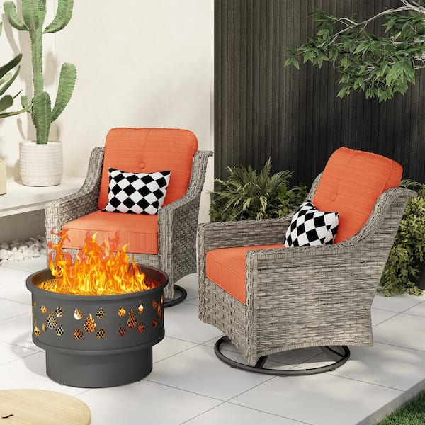 Toject Eureka Gray 3-Piece Wicker Patio Conversation Swivel Chair Set with a Wood-Burning Fire Pit and Orange Red Cushions