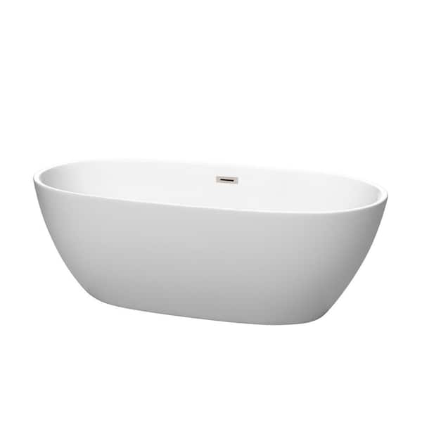 Wyndham Collection Juno 67 in. Acrylic Flatbottom Bathtub in Matte White with Brushed Nickel Trim
