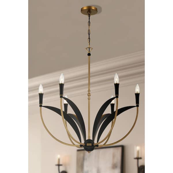 Miller 6-Light Legacy Brass and Sand Coal Black Candelabra Chandelier for Kitchen or Dining Room, No Bulbs Included
