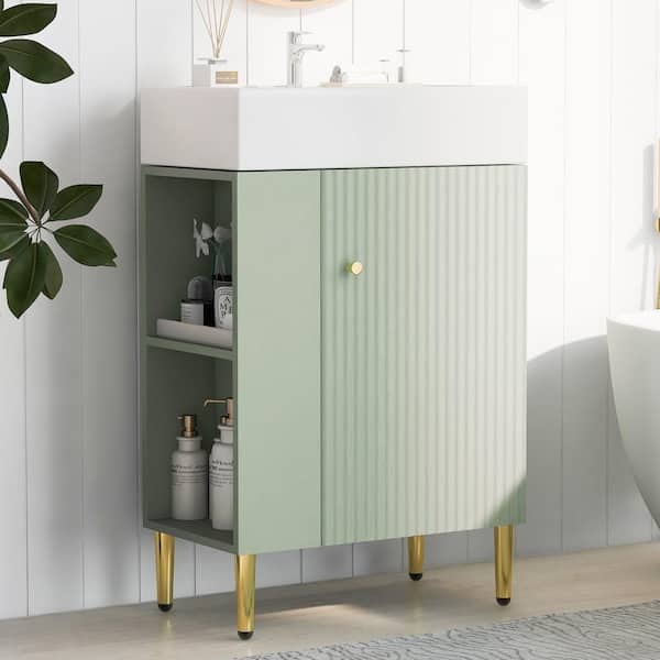 21.6 in. W Freestanding Single Sink Green Bath Vanity with White Ceramic Top and Left Side Storge