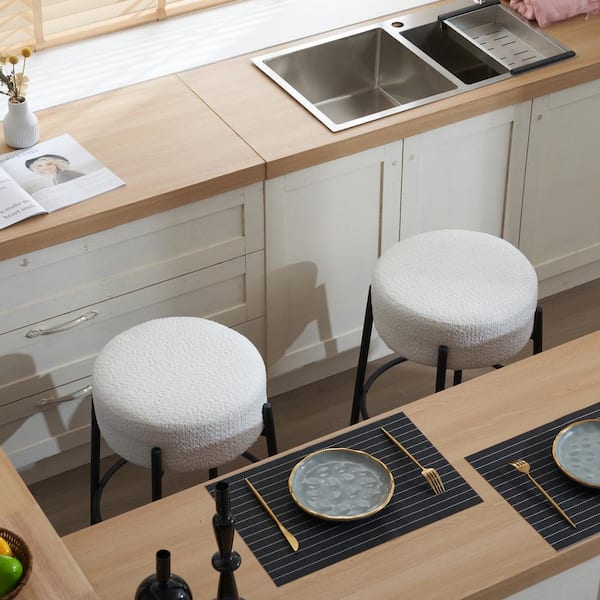 Noble House Gralis 23.81 in. H Beige Backless Metal Round Upholstered Bar Stools, Teddy Fabric, Set of 2