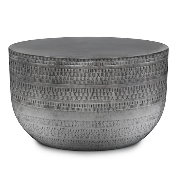 Simpli Home Johnsen Boho 30 in. Wide Metal Coffee Table in Antique Silver, Fully Assembled