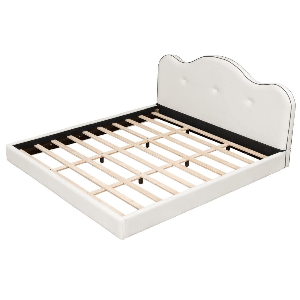 Beige Wood Frame King Platform Bed with Upholstered Velvet Headboard and Slat Support durable construction