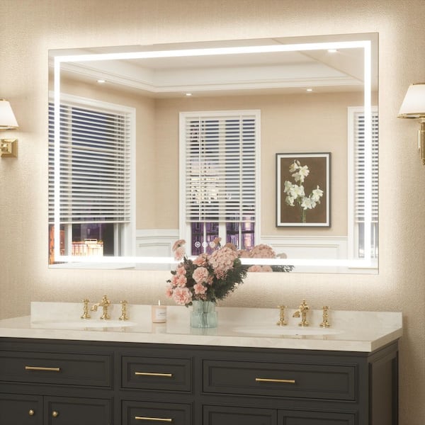 KeonJinn 55 in. W x 36 in. H Rectangular Frameless LED Lighted Bathroom Vanity Mirror with Light with Backlit and Anti-Fog