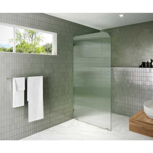 38 in. x 78 in. Frameless Shower Door Single Fixed Panel Fluted Frosted Radius Left Hand