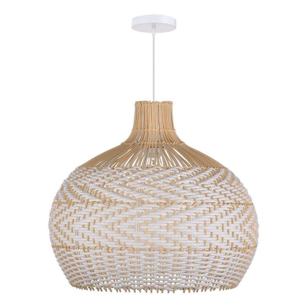 1-Light White Hand-Woven Rattan Pendant Light with Basket Shape, No Bulbs Included 24 in.