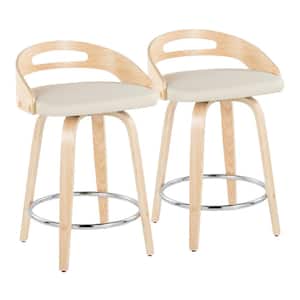 Cassis 24 in. Cream Faux Leather, Natural Wood and Chrome Metal Fixed-Height Counter Stool (Set of 2)