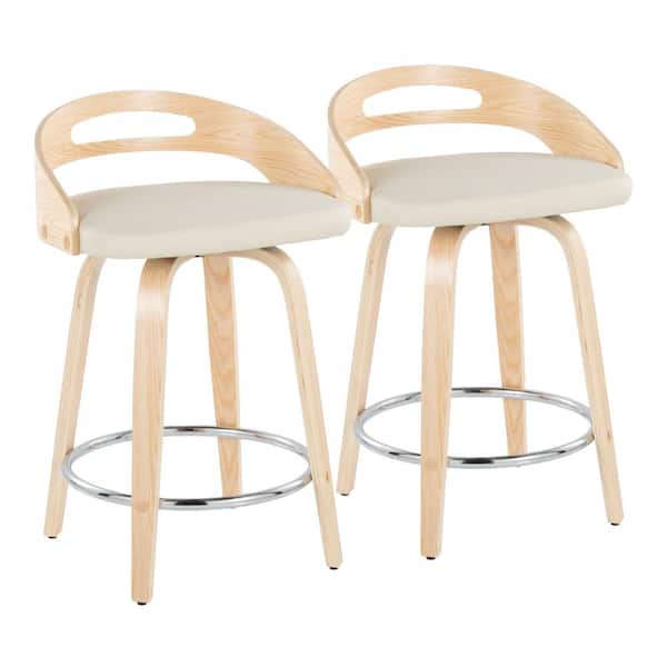 Lumisource Cassis 24 in. Cream Faux Leather, Natural Wood and Chrome Metal Fixed-Height Counter Stool (Set of 2)