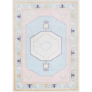 Ethnic Soft Medallion Modern Kids Pink Light Blue 5 ft. x 7 ft. Machine Washable Flat-Weave Area Rug