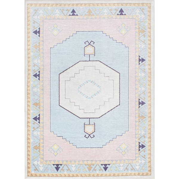 Ethnic Soft Medallion Modern Kids Pink Light Blue 5 ft. x 7 ft. Machine Washable Flat-Weave Area Rug