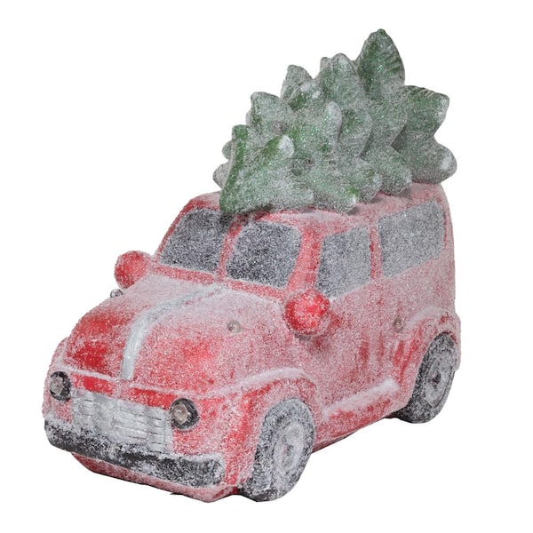 Alpine Corporation 17 in. Tall Retro Red Car with Christmas Tree, LED Lights, and Music