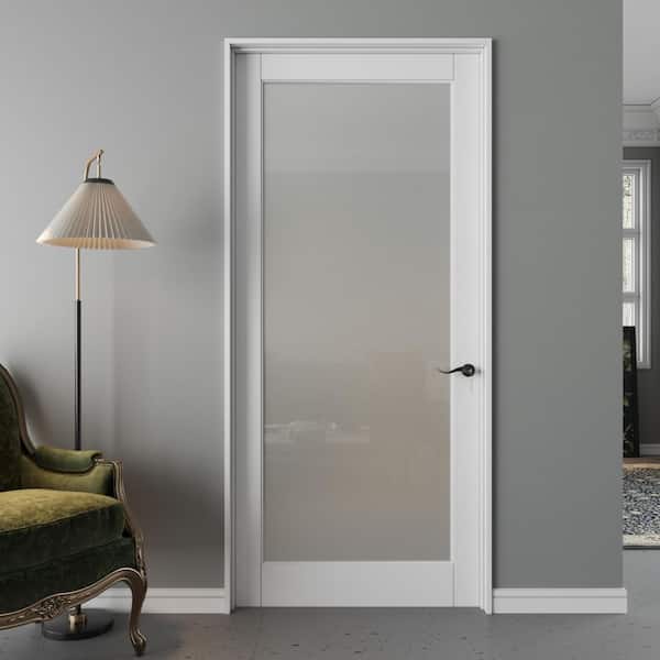 36 in. x 80 in. 1-Lite Frosted Glass Left White Solid Core Wood Single Prehung Interior Door with Quick Assemble Jamb