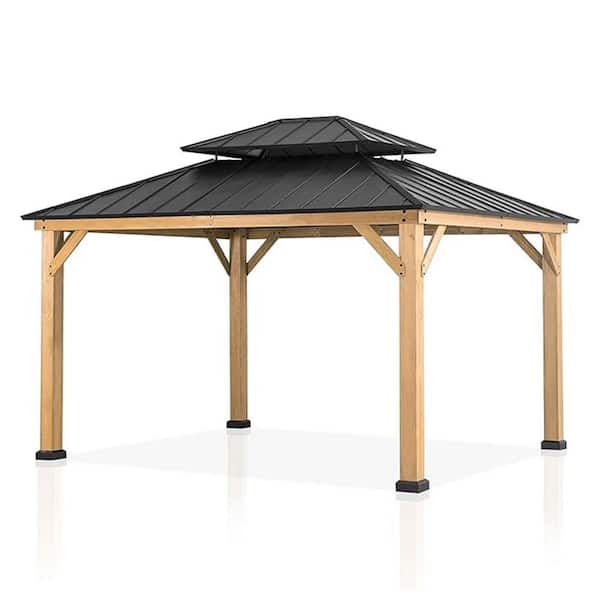 13 ft. x 11 ft. Black Wooden Hardtop Gazebo with Galvanized Steel Double Roof and Curtain Netting for Backyard
