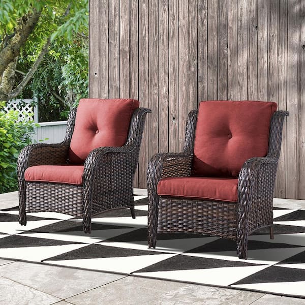 Gymojoy Carolina Brown 2-Piece Wicker Outdoor Lounge Chair with Red Cushions