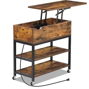 23.6 in. Rustic Brown End Table, Lift Top Wood Nightstand Bedside Tables with USB Ports and Outlets, Space Cabinet