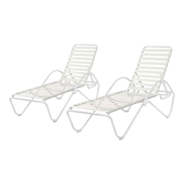 Hampton Bay White Adjustable Outdoor Strap Chaise Lounge with Aluminum Frame (2-Pack)