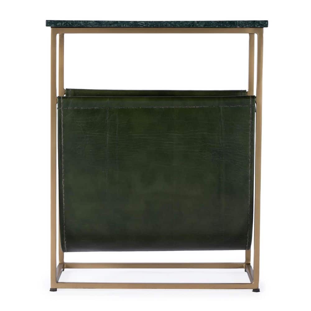 Koler 18 in. W Rectangular Green Marble, Leather and Metal Magazine End Table - thumbnail 4