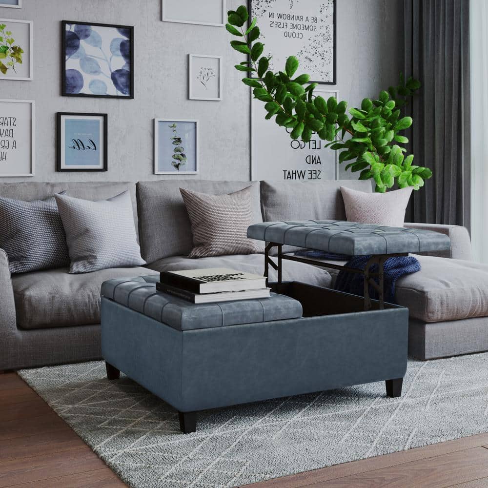 Denim Blue Faux Leather Tufted Cocktail Storage Ottoman, 36 Inch