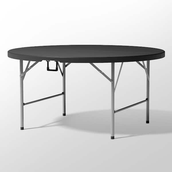 Gray Frame Black Plastic Tabletop Round Foldable Outdoor Dining Table (Dia. 5 ft. )