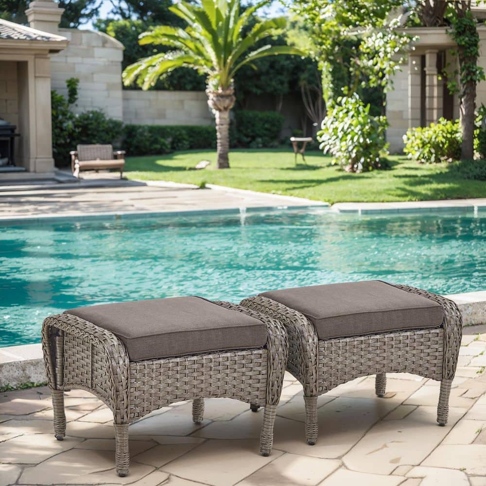 Rotavia 2-Piece Gray PE Wicker Steel Frame Outdoor Ottoman with Olefin Gray Cushions, Multipurpose Patio Footstools price history on PriceWatchPro
