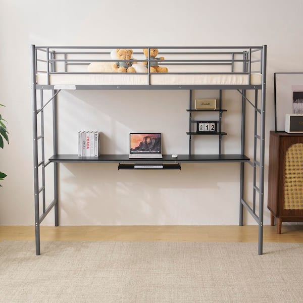 Gray Twin Size Metal Loft Bed with Desk and Storage Shelves, 2 Built-in Ladders for Teens Juniors Adults