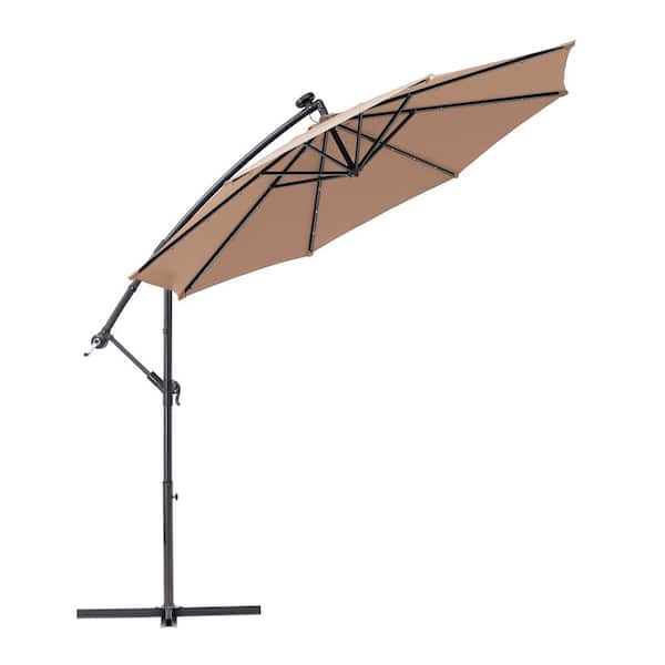 Kadehome 10 ft. Aluminum Pole Market Solar Light No Tilt Banana Hanging Patio Umbrella with Cross Base in Beige