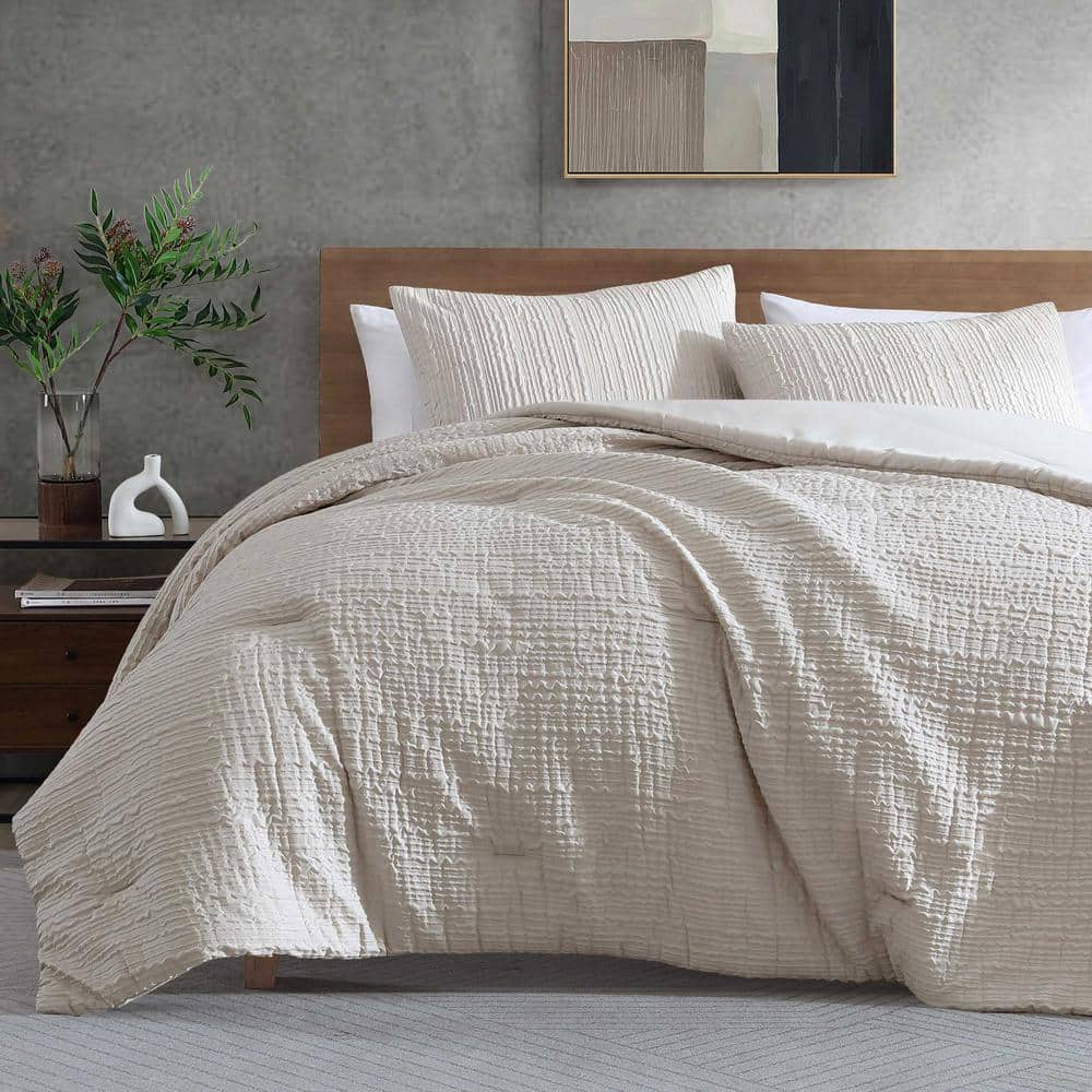 Serenity Waves Beige Twin Embossed Comforter Set