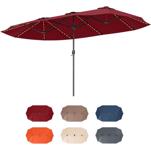 15.5 ft. Metal Market Patio Umbrella in Red with 144 LED Lights Double Sided Twin Solar Outdoor Pool Umbrella with Crank