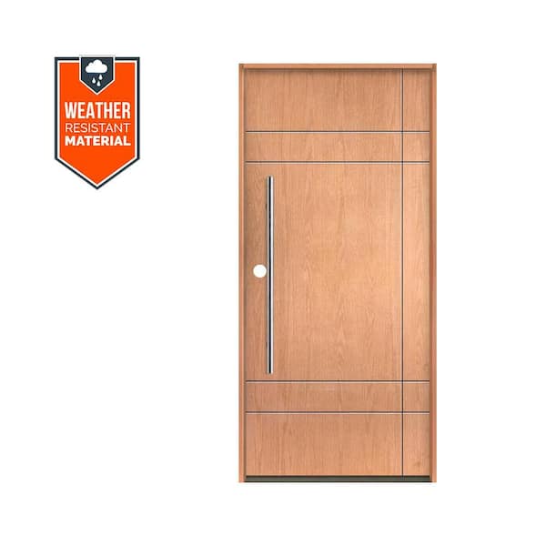 Krosswood Doors SUMMIT Modern Faux Pivot 36 in. x 79 in. Right-Hand/Inswing 10-Grid Solid Panel Teak Stain Fiberglass Prehung Front Door